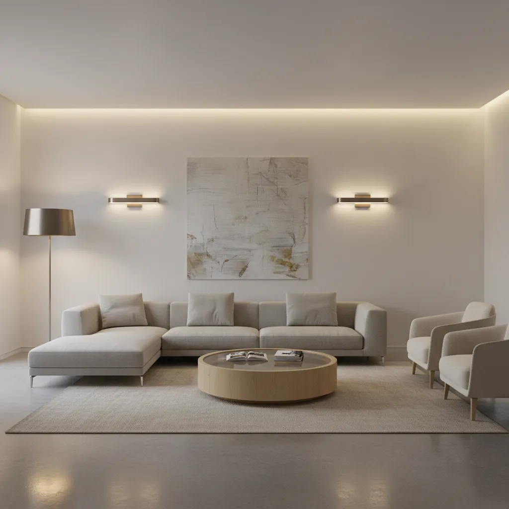 Modern living room lighting layout with lamps and wall lights