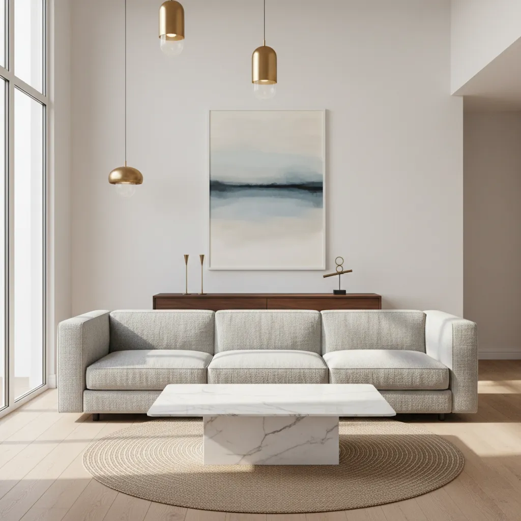 Modern living room with grey sofa, marble coffee table, round rug and gold ceiling lights
