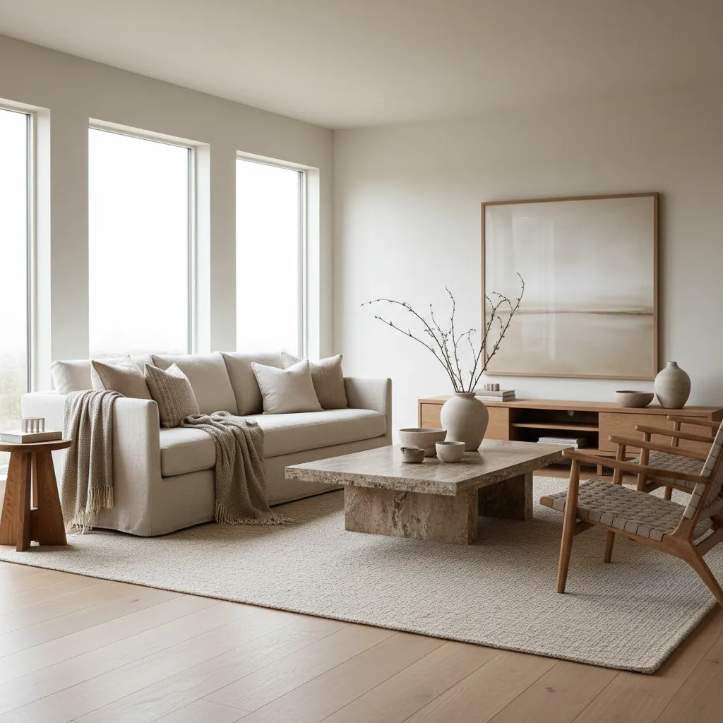 Salón moderno con madera clara, textiles naturales y decoración minimalista
