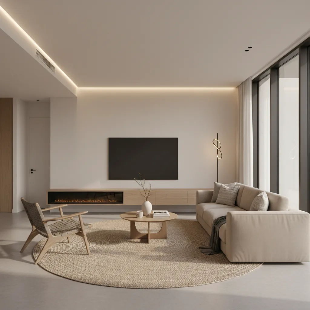 Salón moderno minimalista con líneas limpias y mobiliario equilibrado