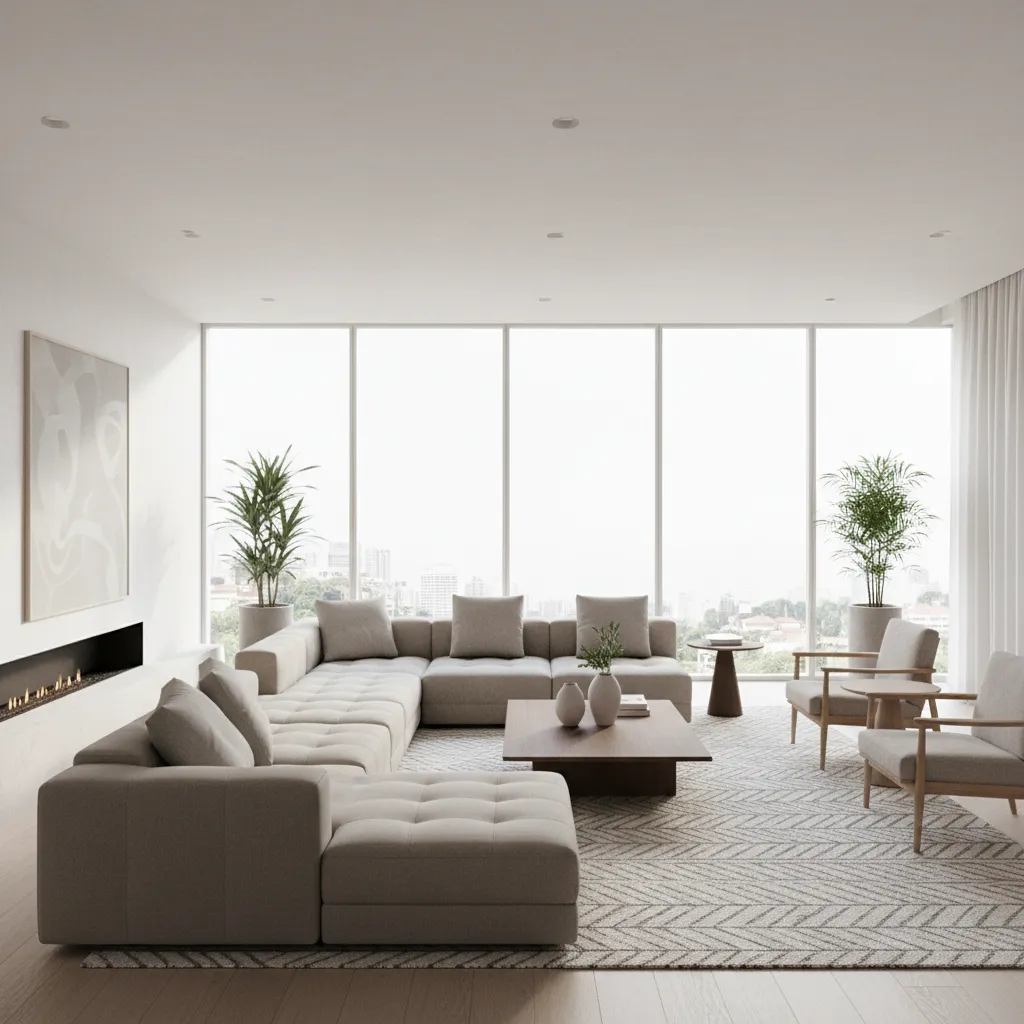 Minimalist living room with beige modular sofa, wooden coffee table, grey rug and city view