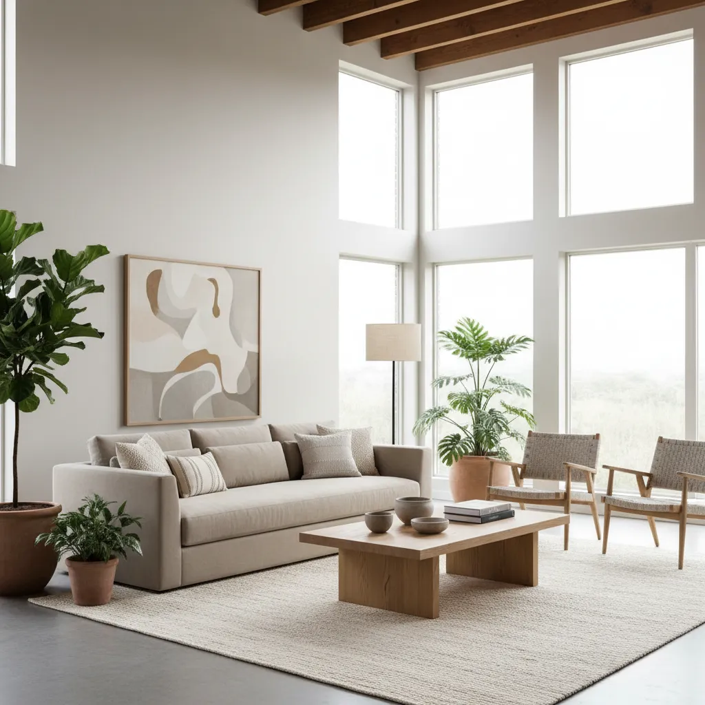 Minimalist living room featuring beige sofa, wooden table, large windows, indoor plants, and wall art