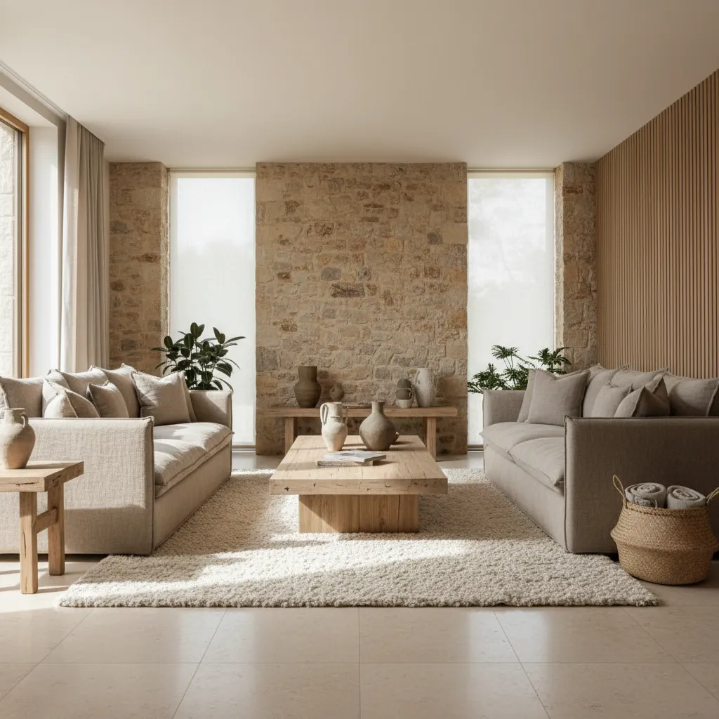 Sala moderna con materiales naturales como madera, lino y piedra