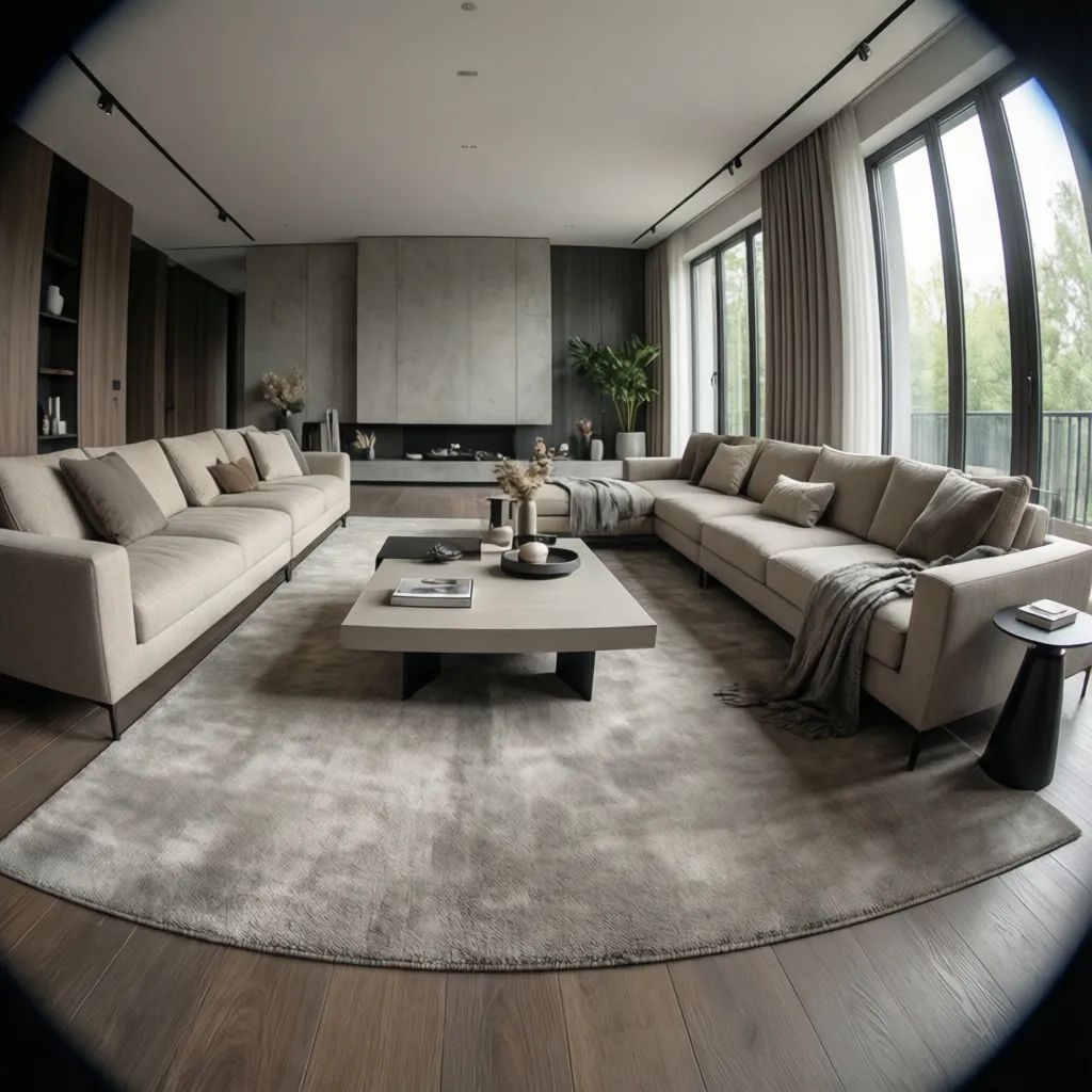 Salón moderno con sofá beige, alfombra grande y mesa de centro minimalista
