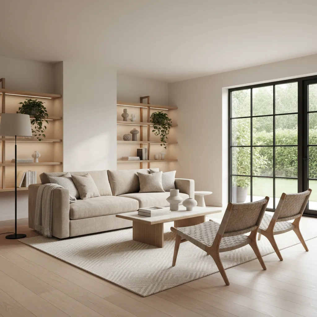 Sala de estar moderna con paleta neutra y muebles de líneas simples