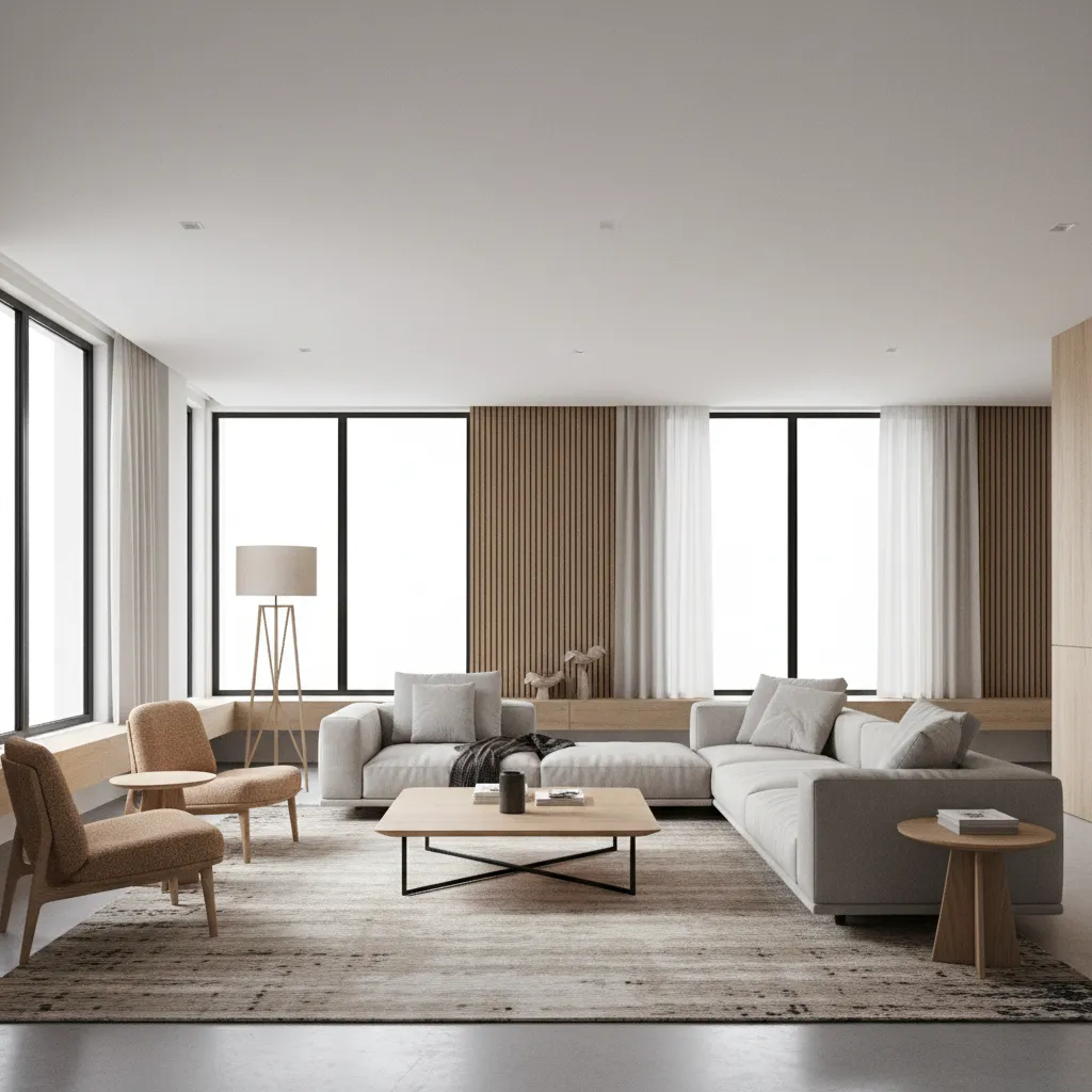 modern open concept living room interior with neutral sofa and large rug