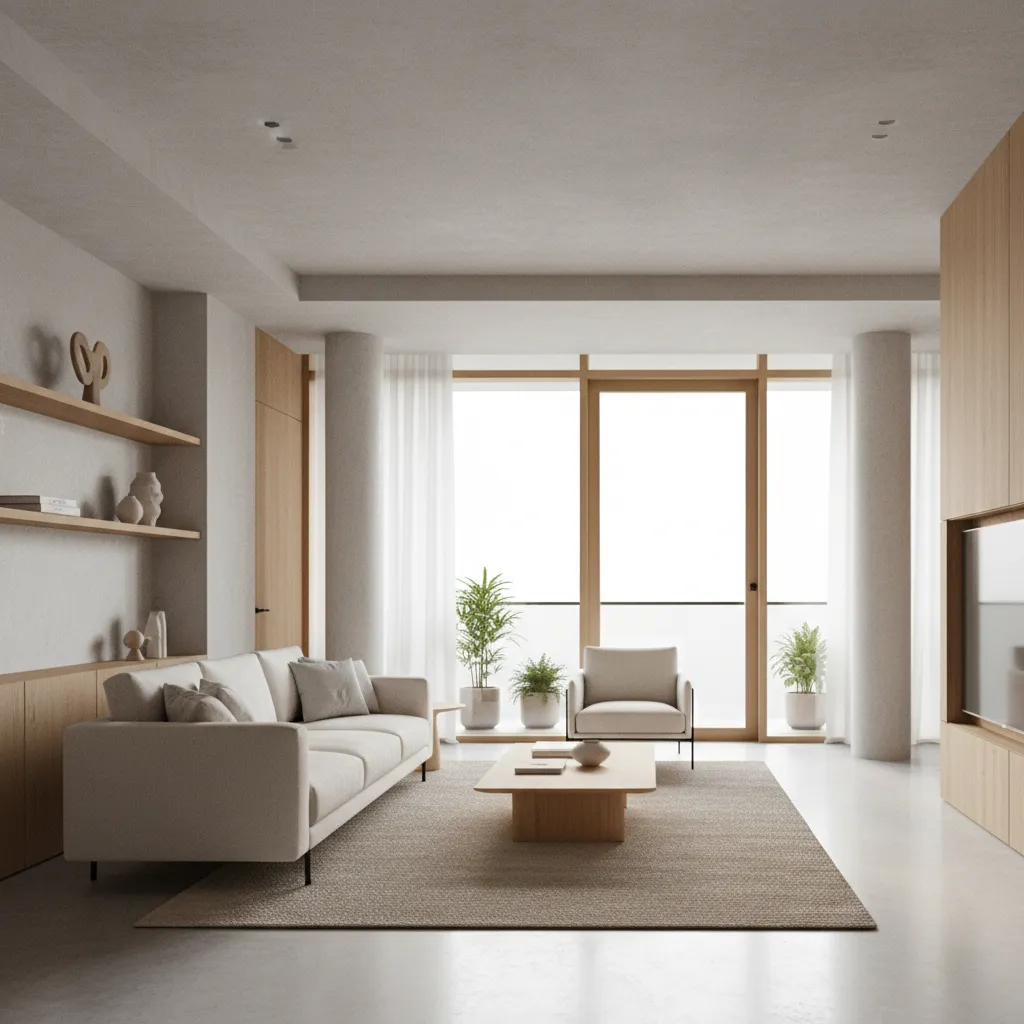 Minimalist living room with cream sofa wooden coffee table and large windows leading to the balcony