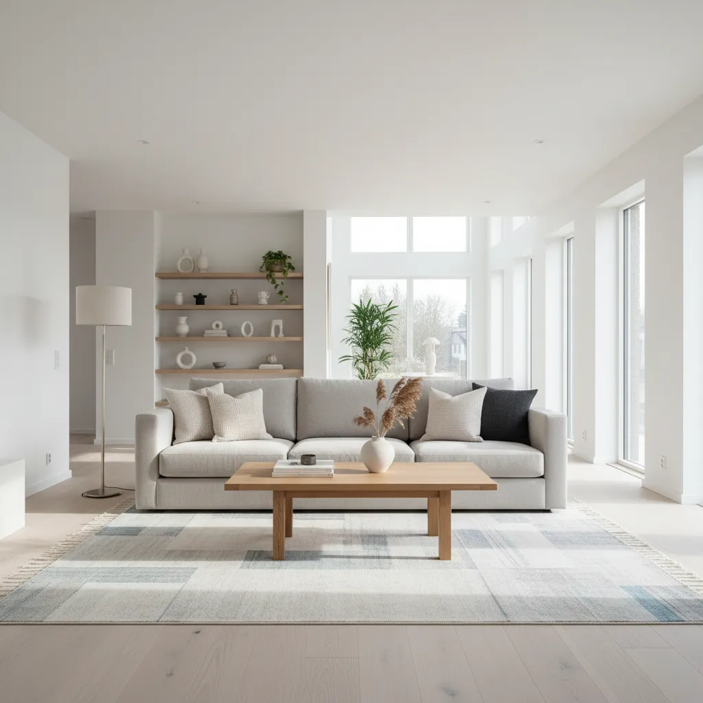 Bright modern living room with grey sofa wooden coffee table floor lamp and large windows