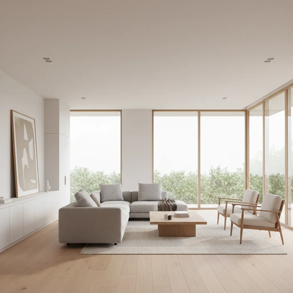 Minimalist living room with grey sofa wooden armchairs light wood floor and large bright windows