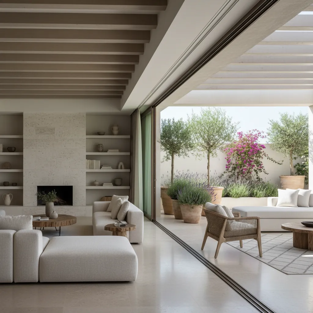 Salón moderno con grandes ventanales abiertos hacia una terraza mediterránea
