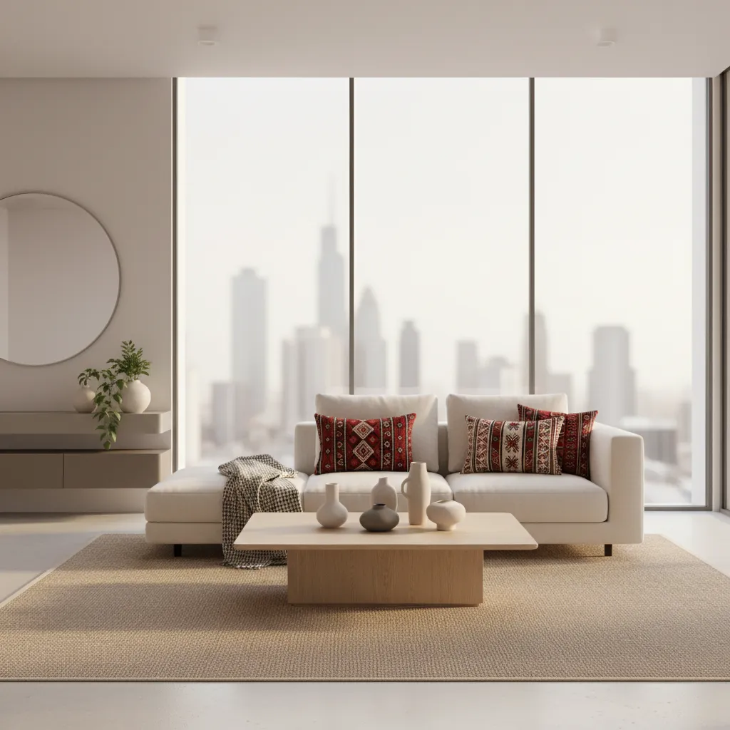 Modern living room with neutral furniture accented by Palestinian embroidered cushions and woven textiles