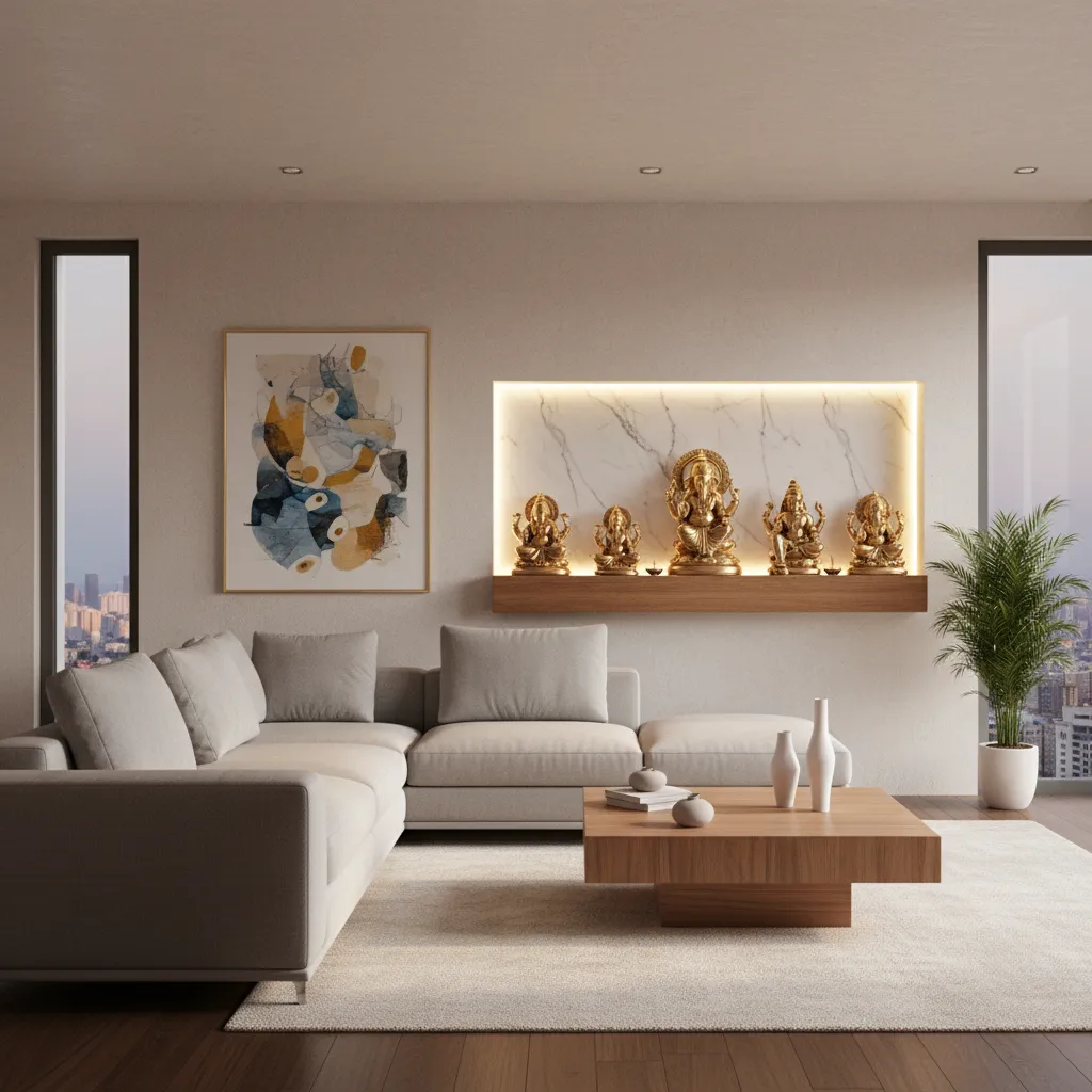 Small pooja niche integrated into a modern living room wall with wooden shrine