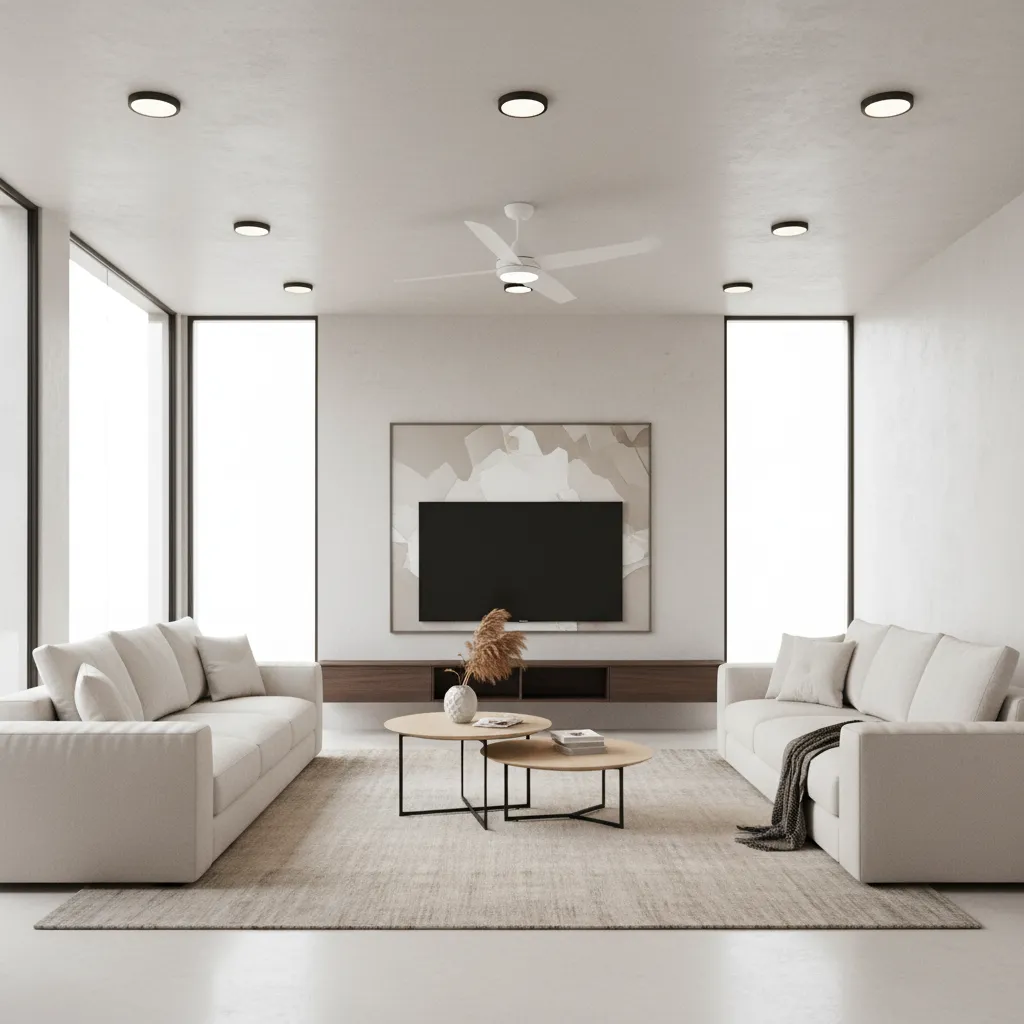 living room with POP ceiling and central fan