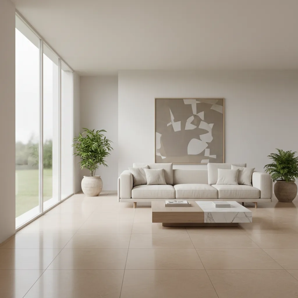 Bright living room with large porcelain floor tiles and neutral modern furniture