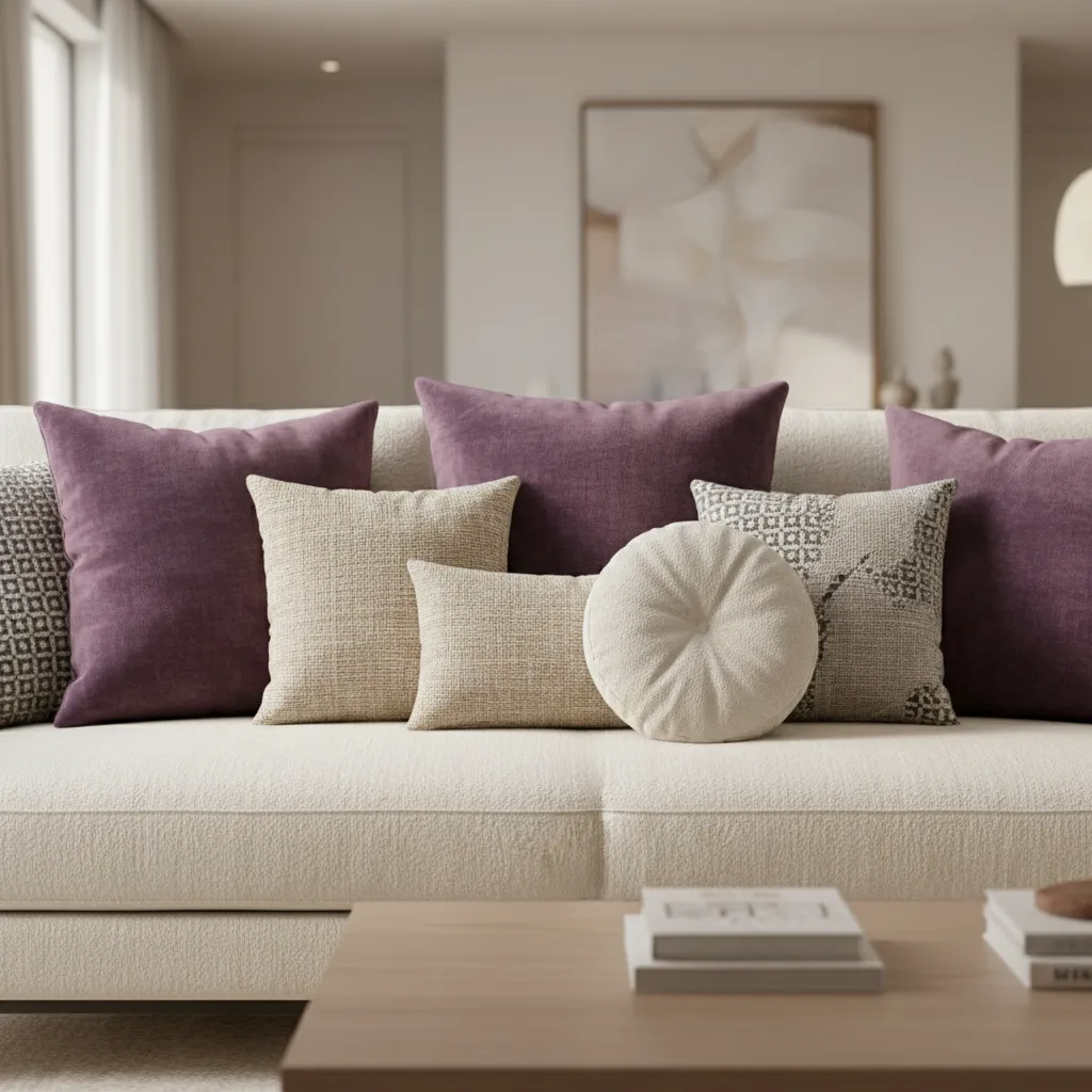 Modern living room sofa showing layered arrangement of purple and neutral pillows