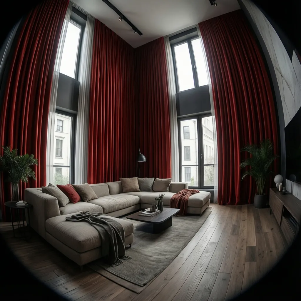 Contemporary living room with bold red curtains framing tall windows