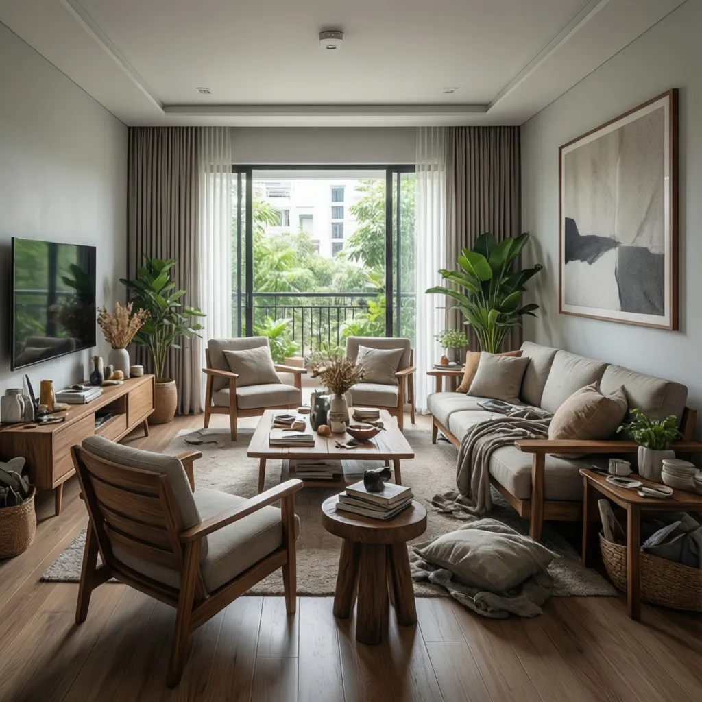 3D render of modern Vietnamese living room interior design