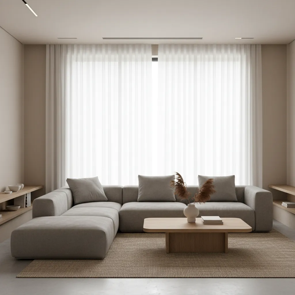 Bright modern living room with sheer floor to ceiling curtains filtering natural light