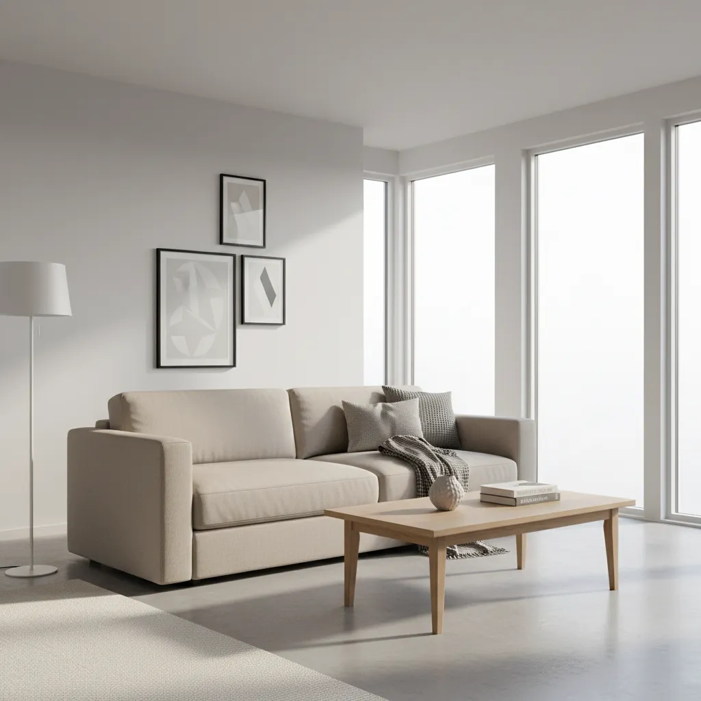 Modern living room with a sleeper sofa in closed seating position