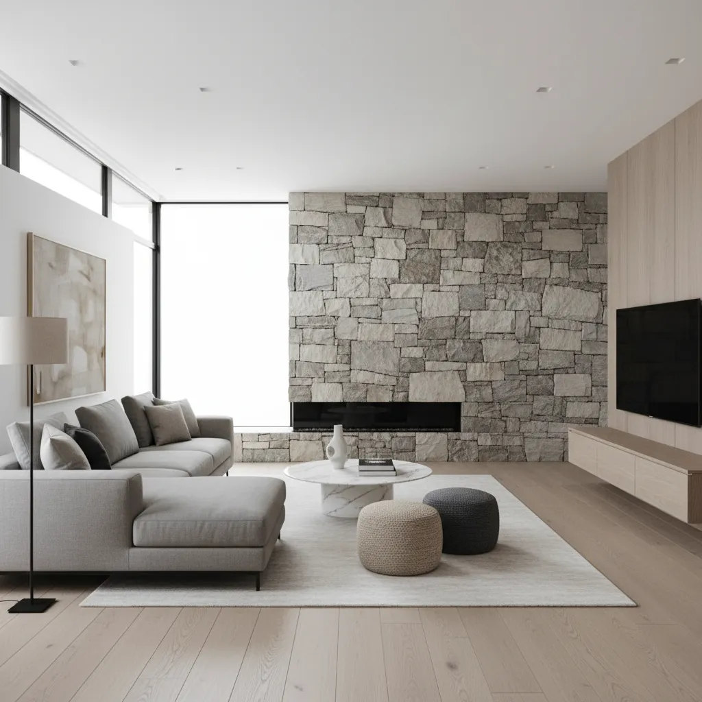 Sala moderna con pared de piedra y diseño minimalista