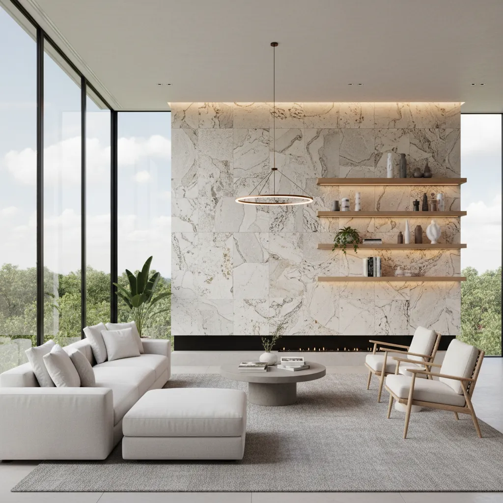 Salón moderno con muro interior de piedra natural