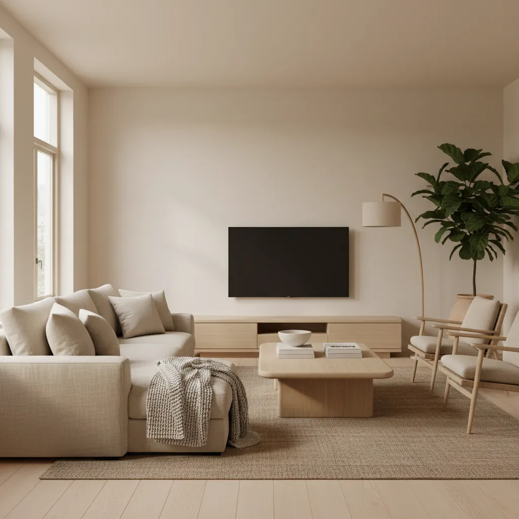 Sala moderna con estilo minimalista cálido y materiales naturales