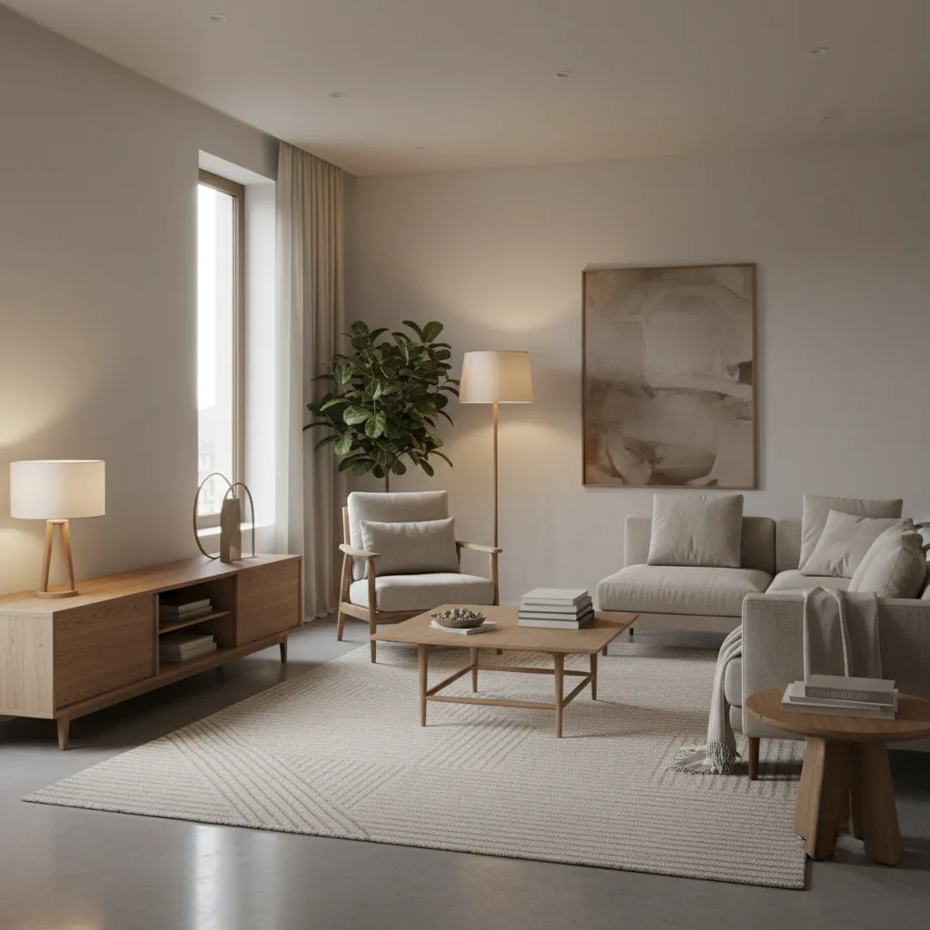 modern living room with warm lighting textured rug and wooden furniture