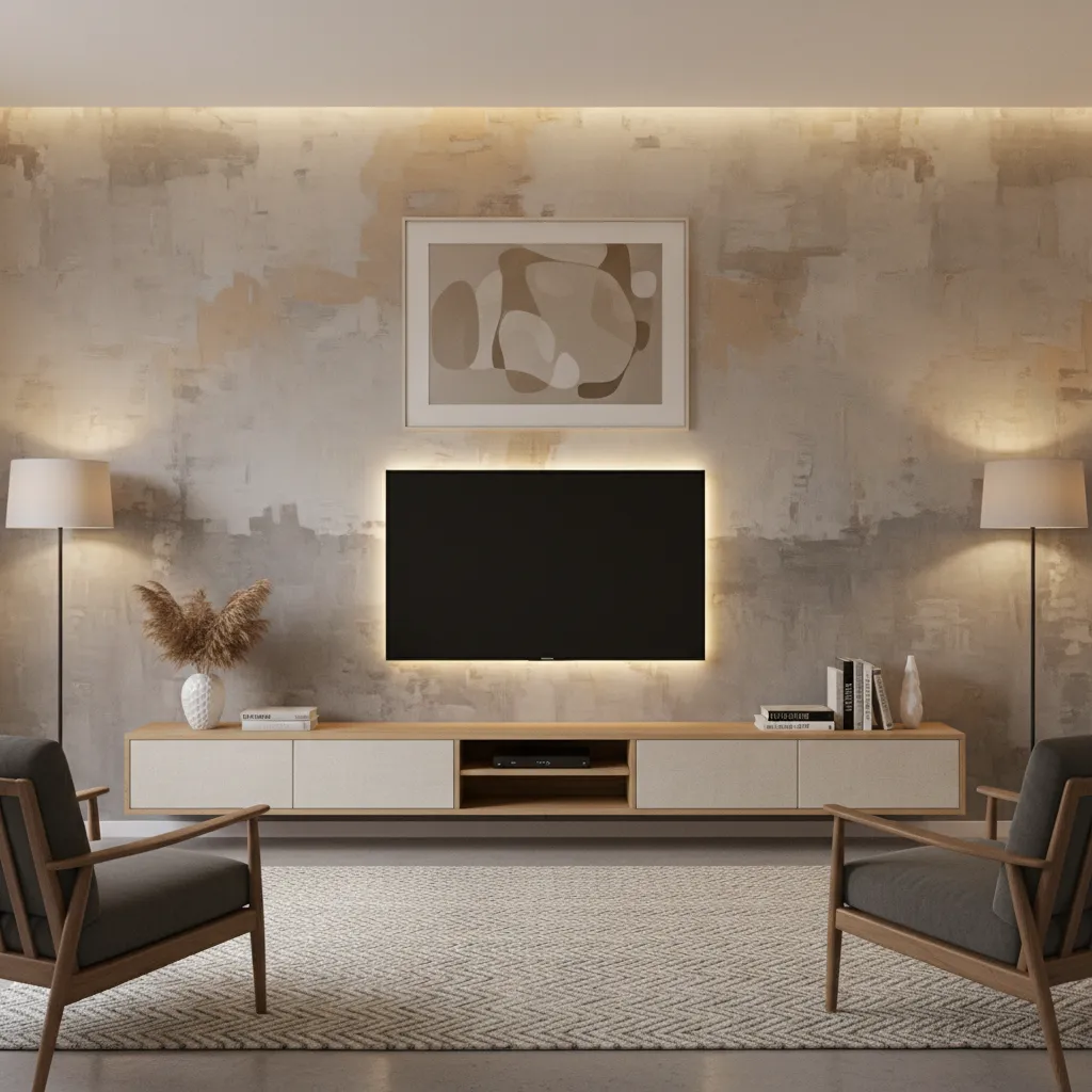 Modern living room TV wall with subtle textured paint finish
