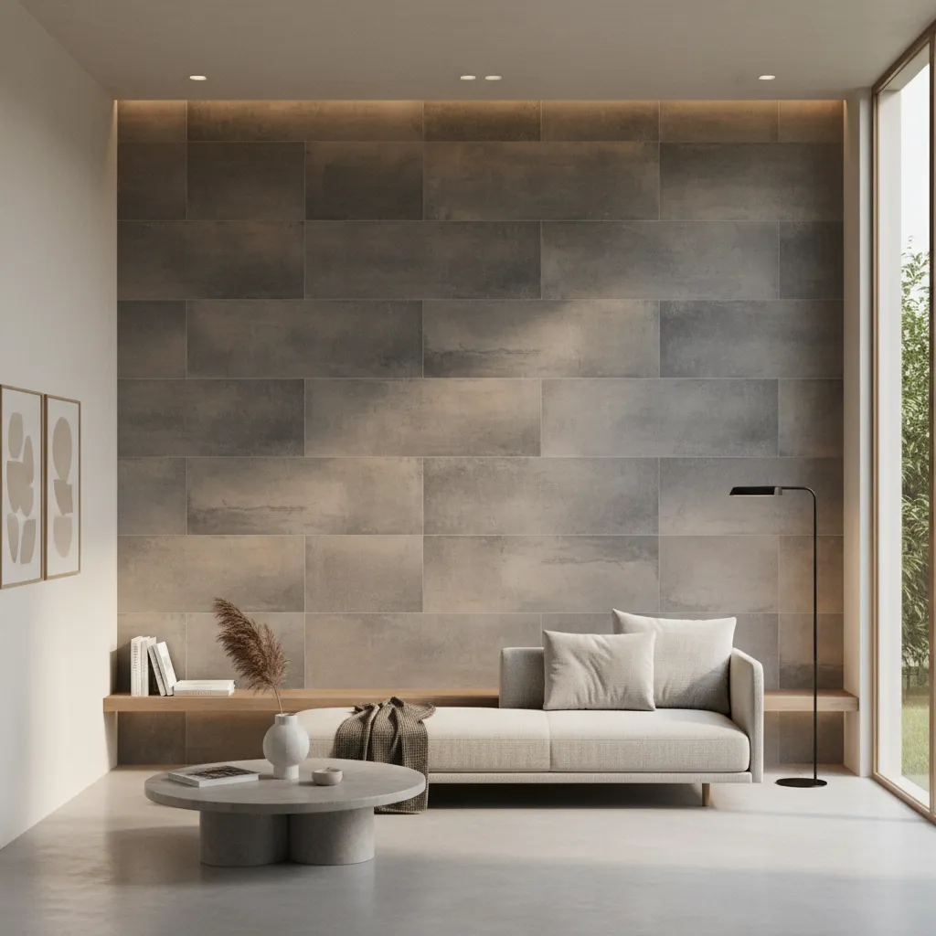 modern living room with textured tile accent wall