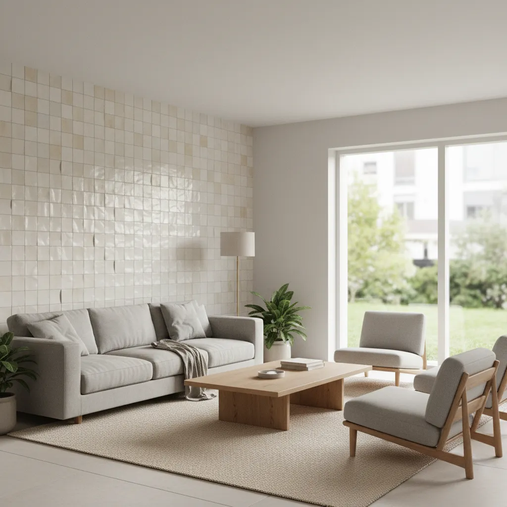 living room with modern textured tile wall behind sofa