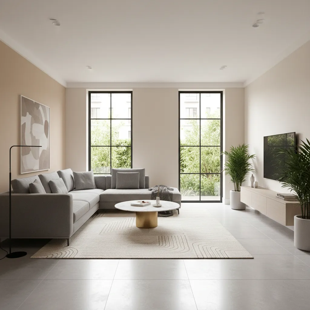 Finished modern living room with stylish tile flooring and elegant interior decor