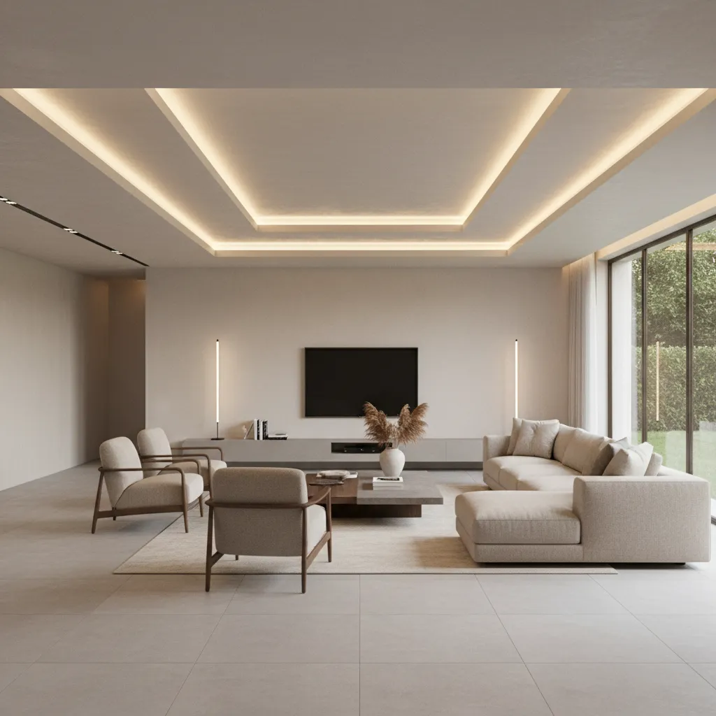 Living room with tray false ceiling and indirect LED lighting