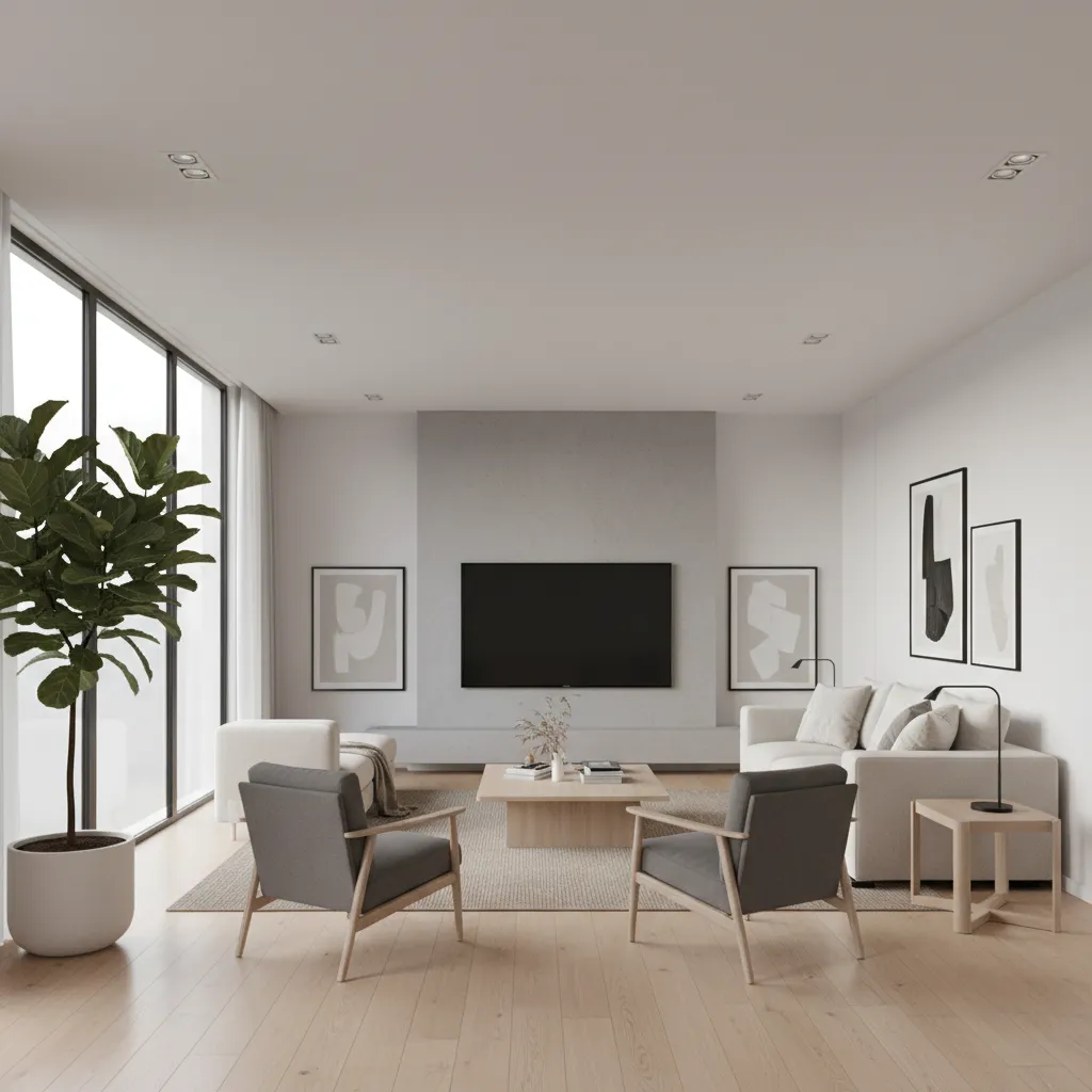 Minimalist living room with wooden floor, white sofa, grey chairs, coffee table, and large windows