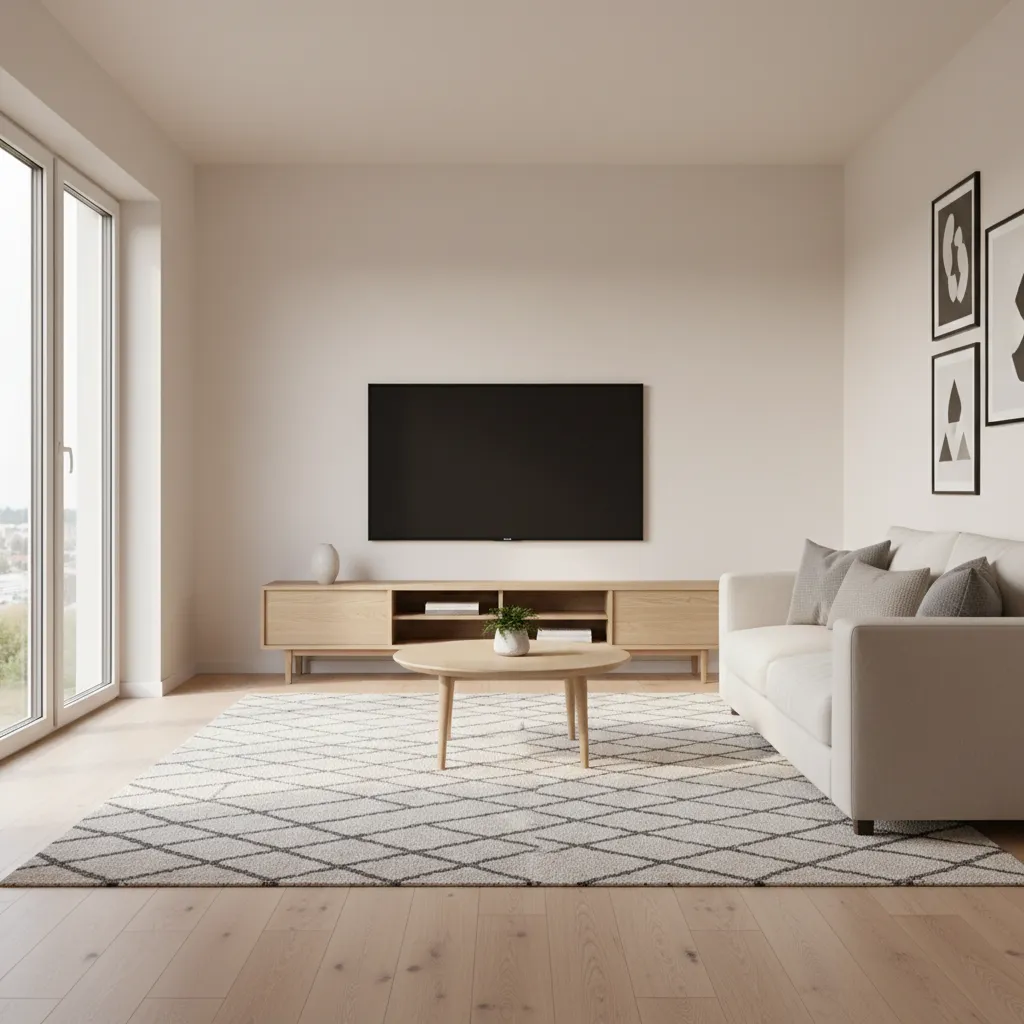 modern living room with wide TV stand and wall mounted television