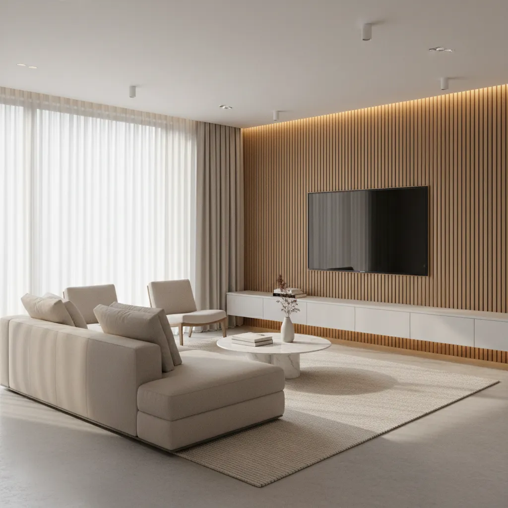 Modern living room with beige sofa wooden wall panel large TV white cabinet natural light