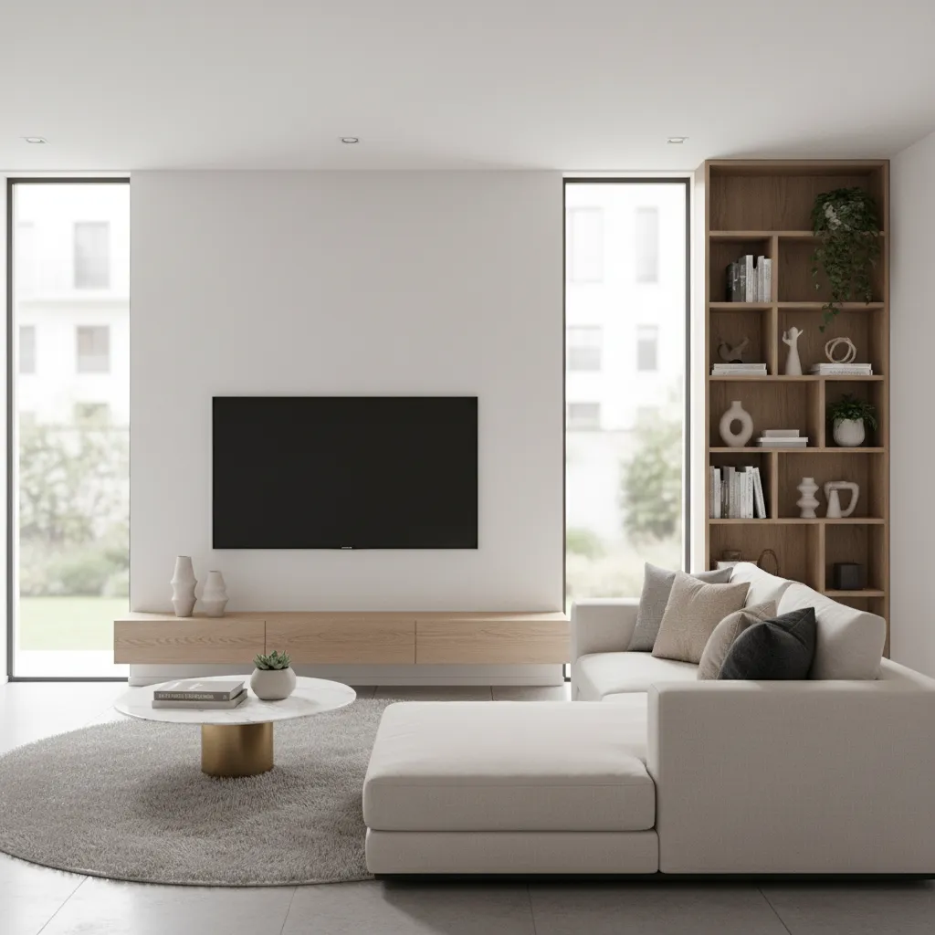 modern living room layout with TV wall and balanced furniture arrangement