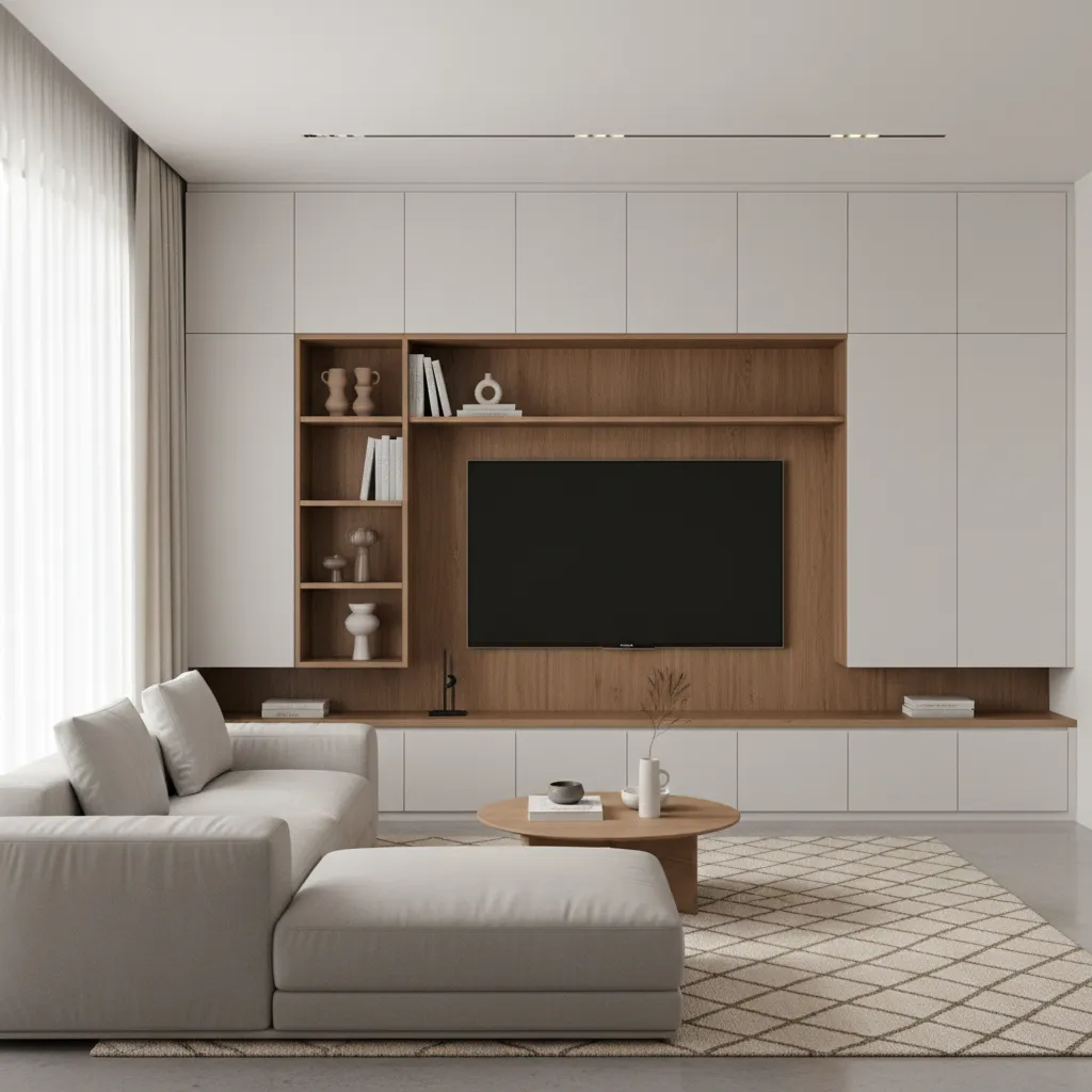 Modern living room with built in wall cabinet system around television