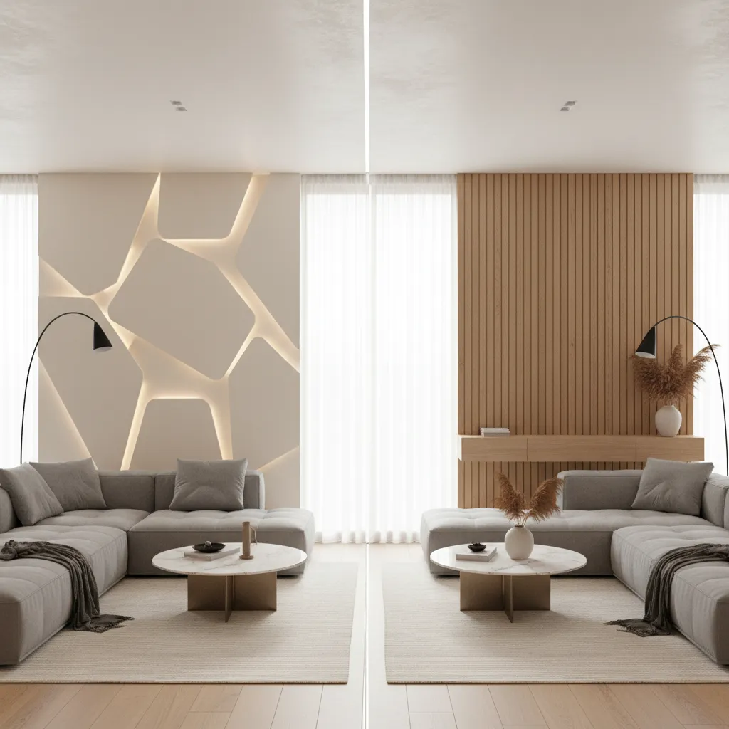 Side by side comparison of cut-out wall feature and wood panel accent wall