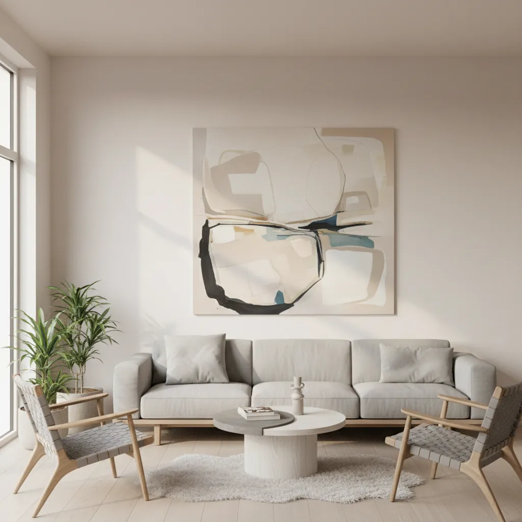 Contemporary living room with minimalist wall design and large artwork