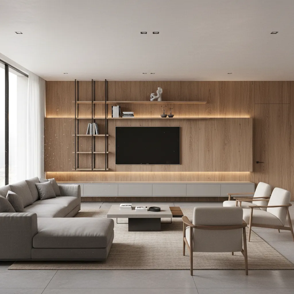 Living room with wood wall panel, television, metal shelves, grey sofa, and two wooden chairs