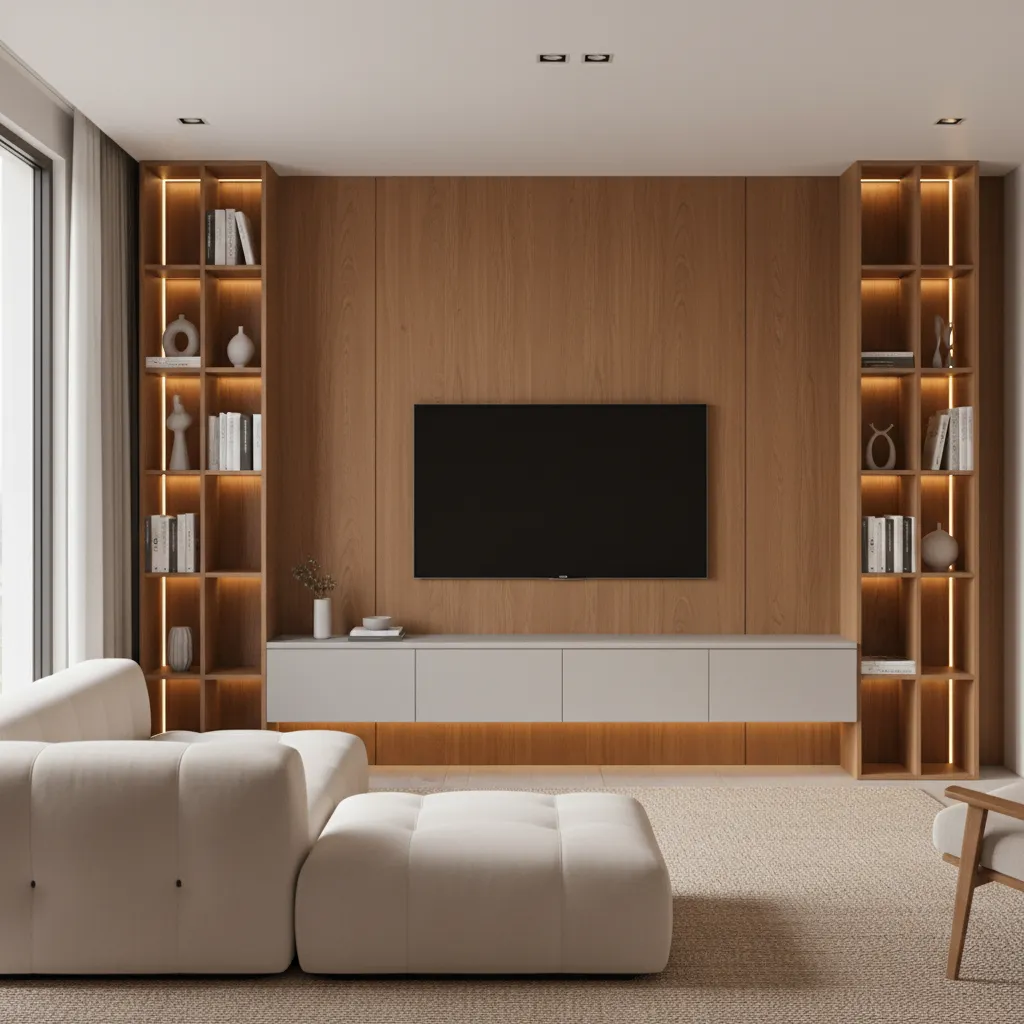 Modern living room with wood wall panel, television, lighted bookshelves, white sofa, and a carpet