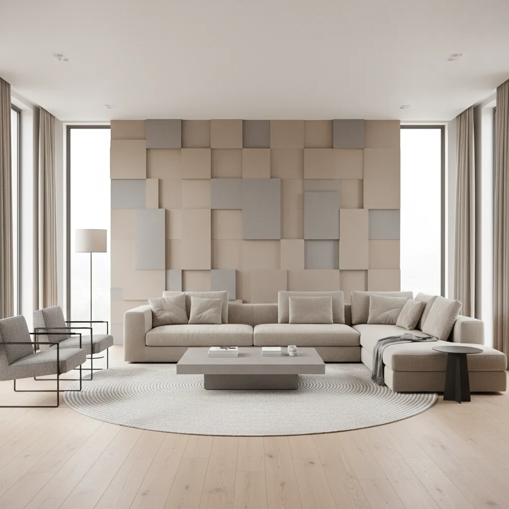 Modern living room with elegant wallpaper feature wall behind sofa