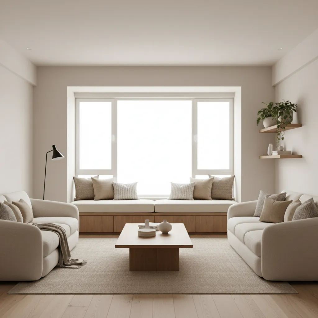 Modern window side diwan seating with layered cushions in a bright living room