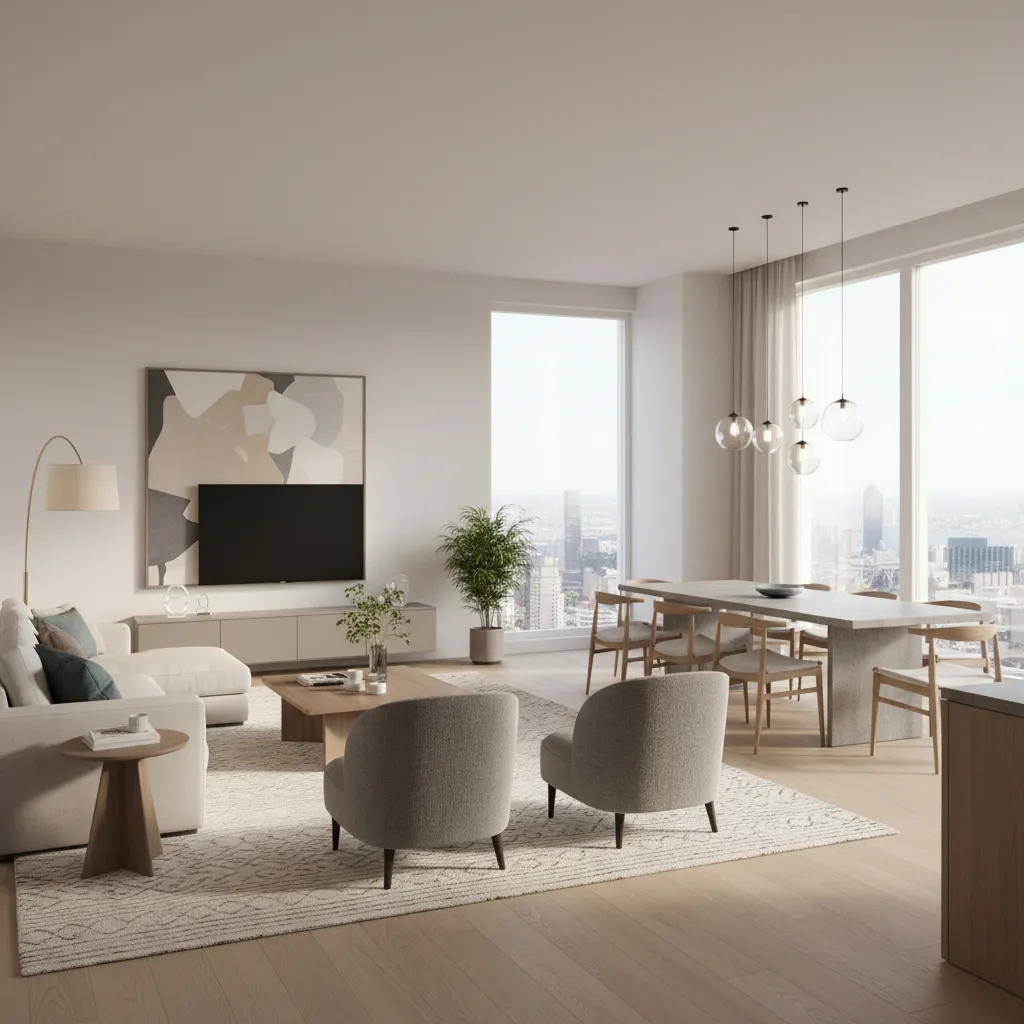 open living room showing zoning between lounge and dining areas