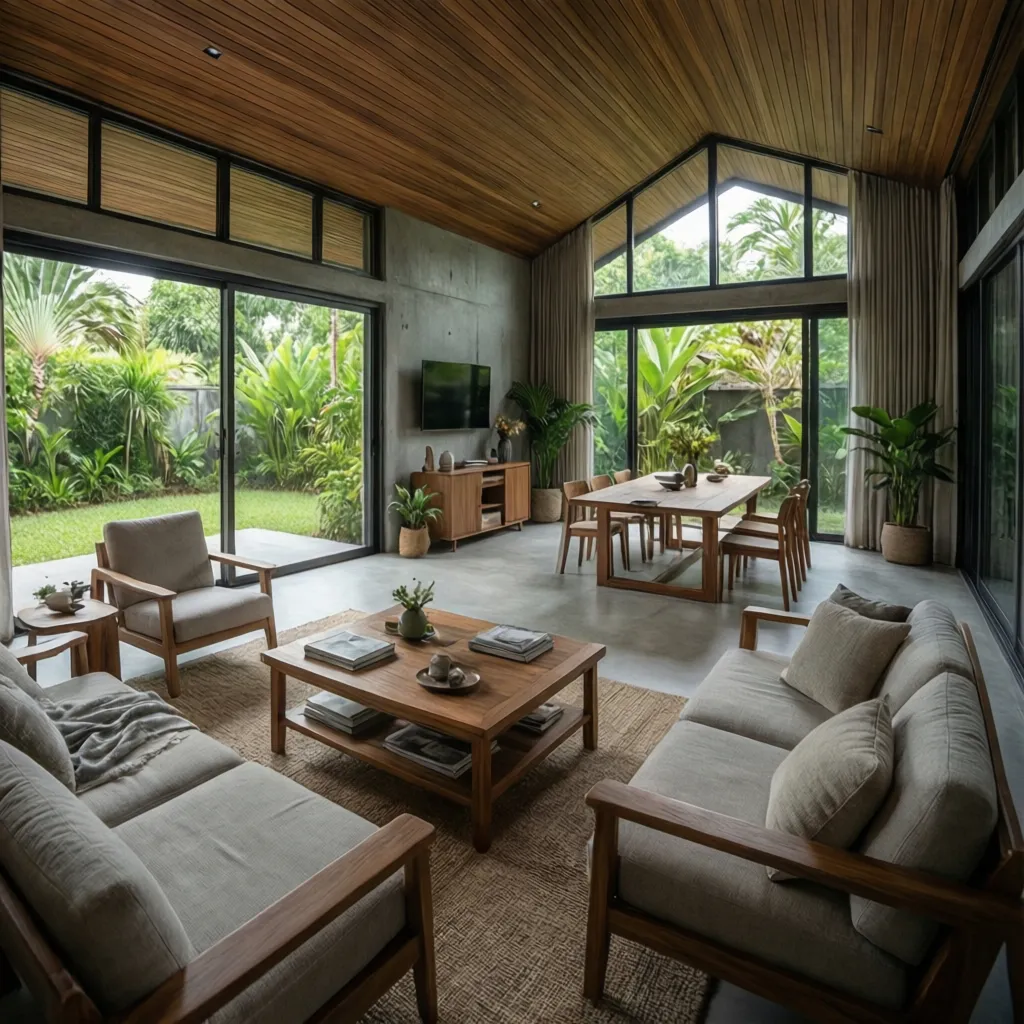 Interior de casa moderna con sala y comedor abiertos