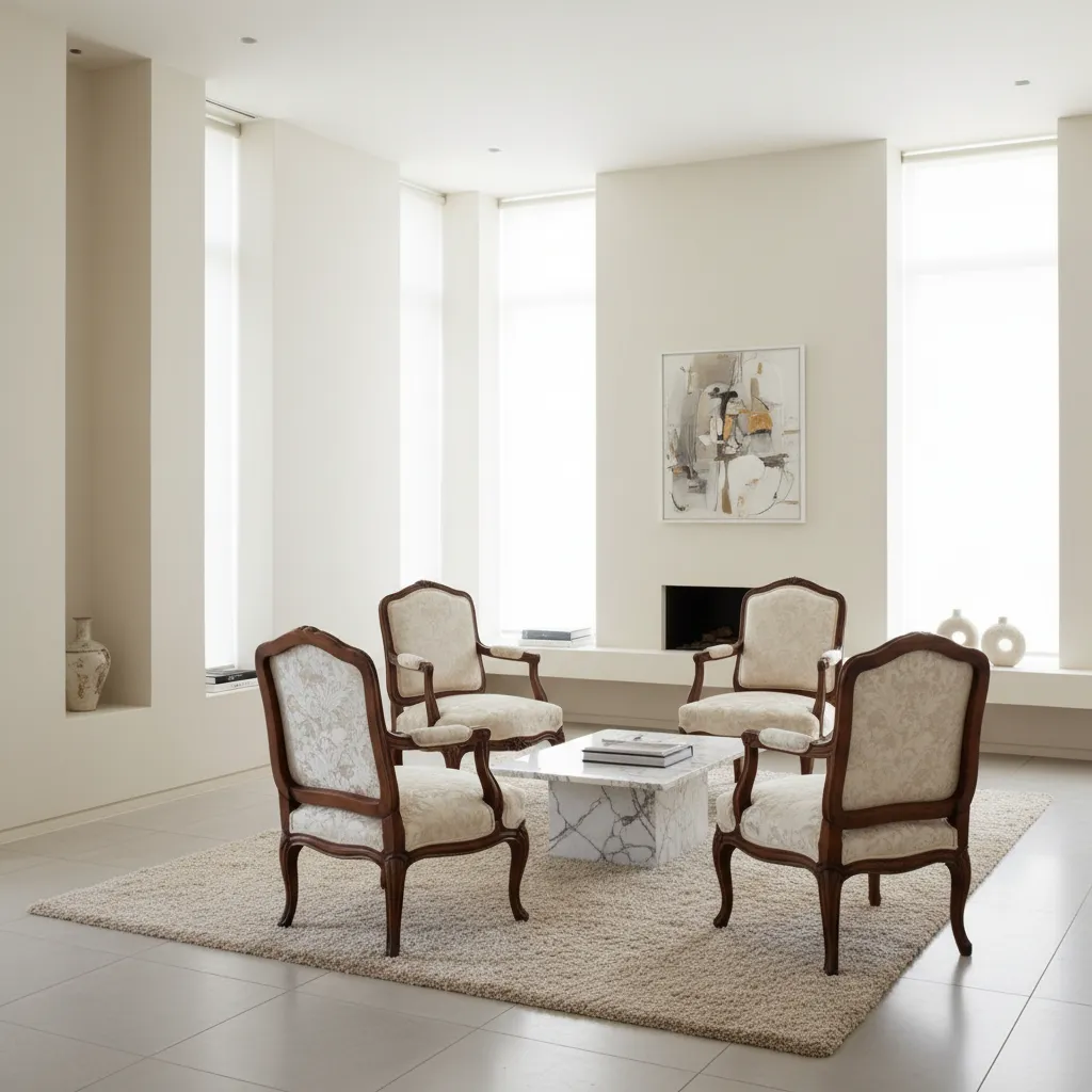 Salón moderno con sillas inspiradas en Luis XVI combinadas con diseño contemporáneo