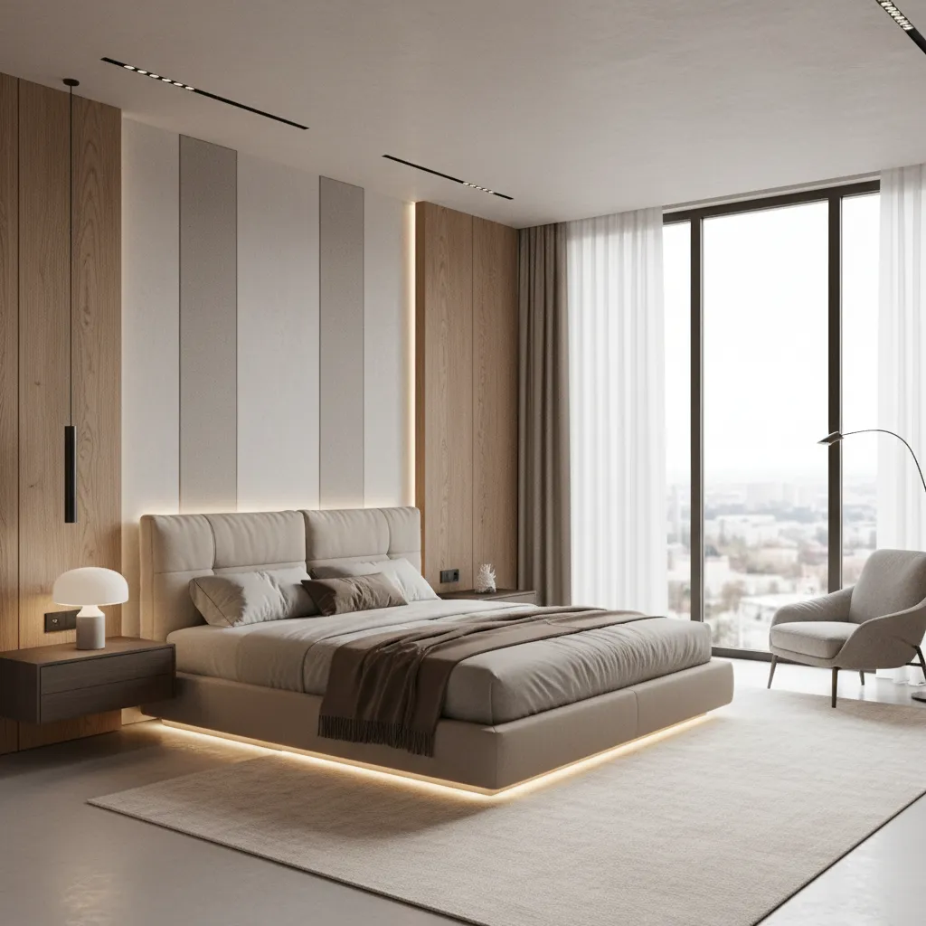 Modern luxury bedroom with minimalist furniture and soft lighting
