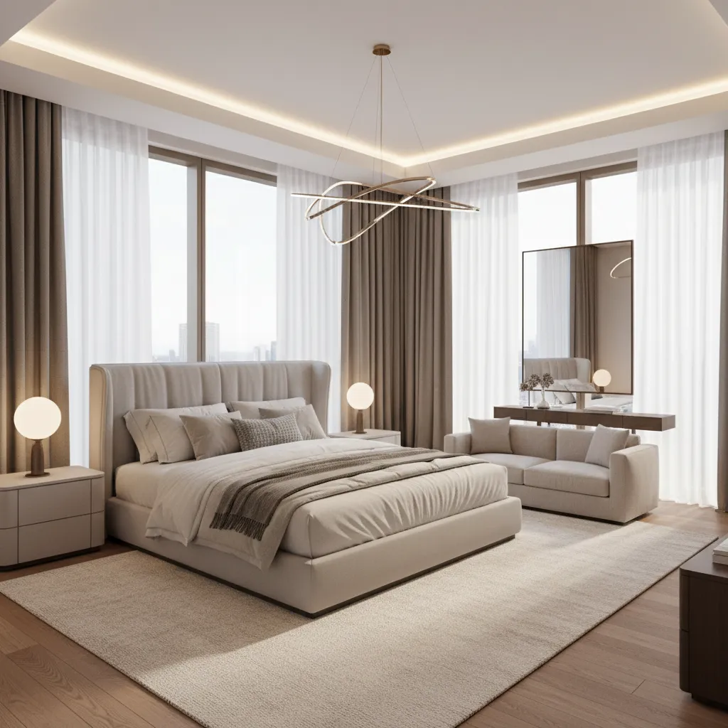 Spacious modern luxury bedroom suite with soft neutral colors and large windows