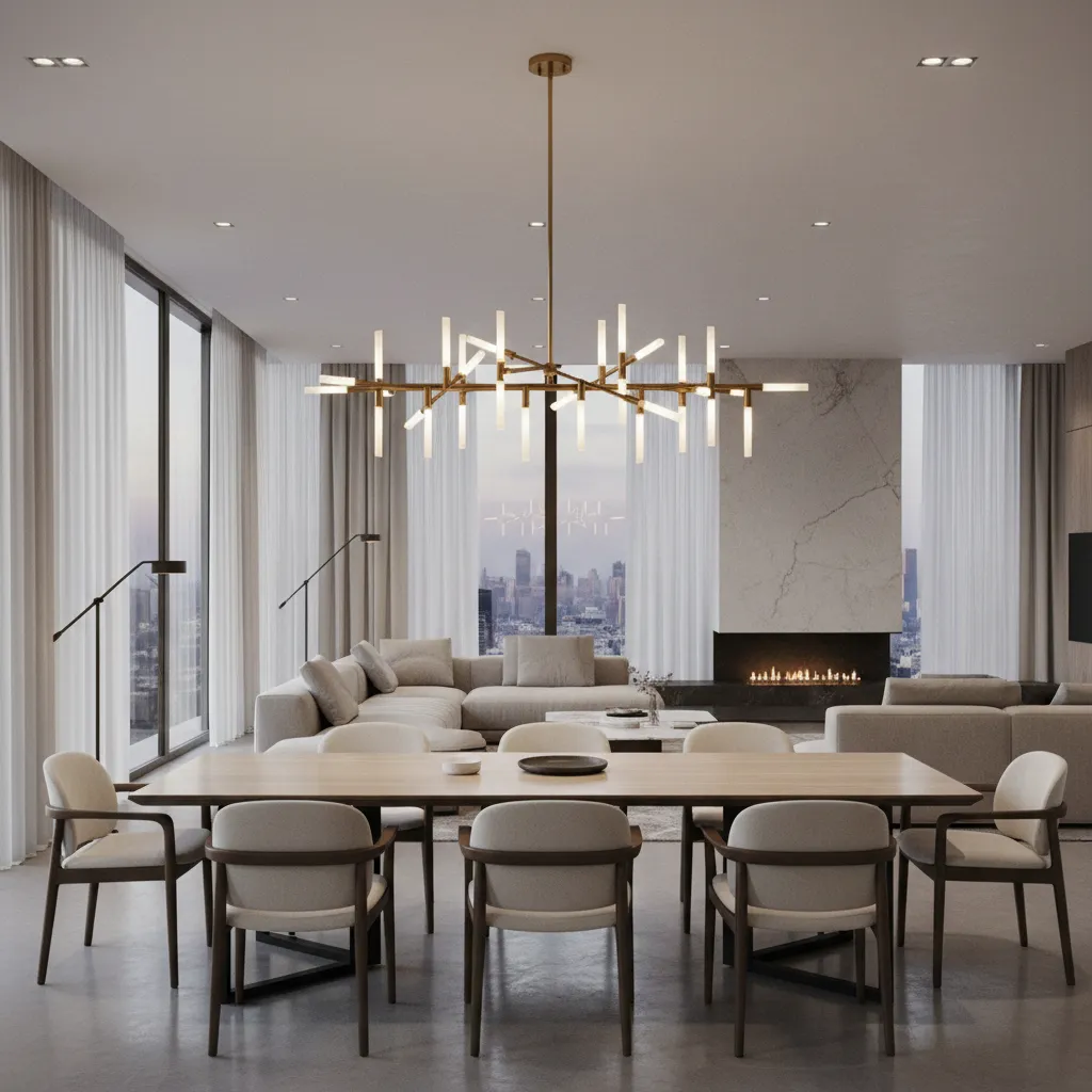 Luxury dining chandelier lighting over modern dining table in open living room