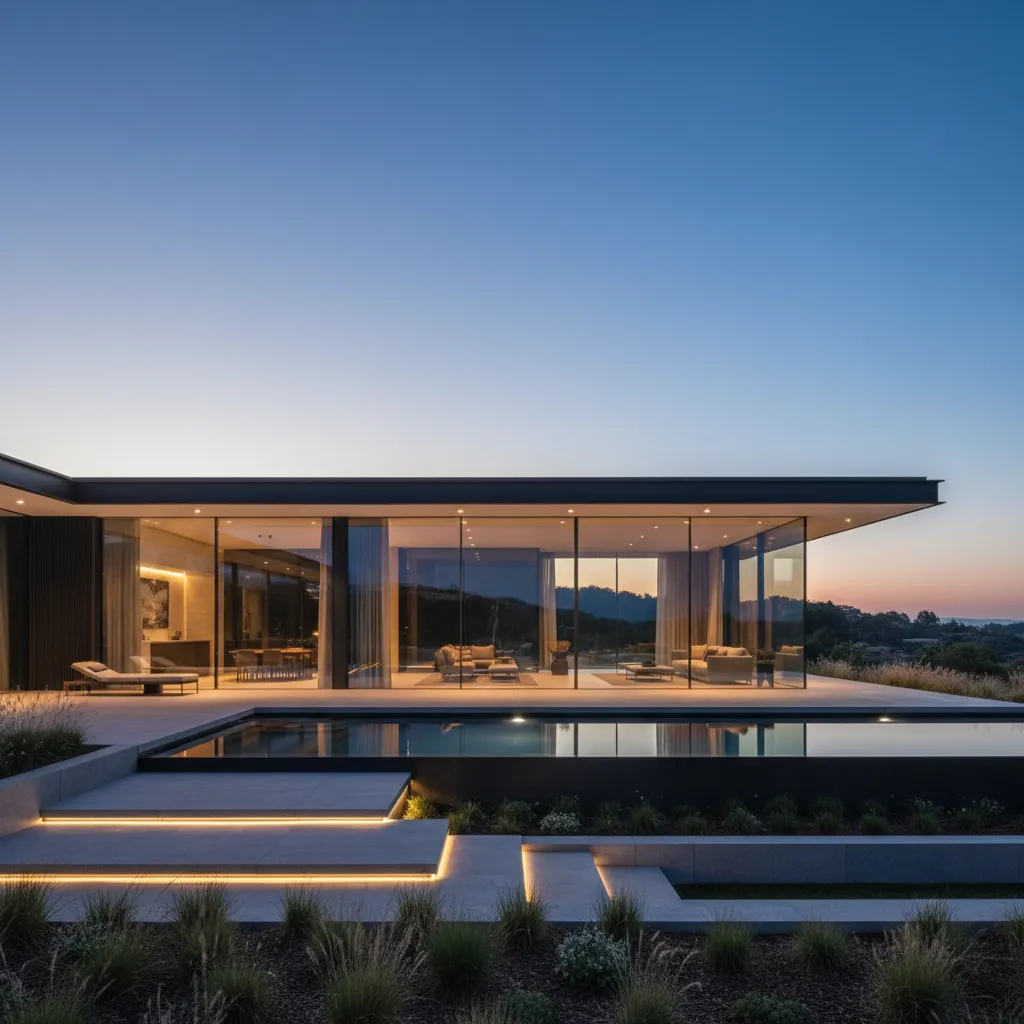 Casa moderna con fachada de vidrio y diseño minimalista
